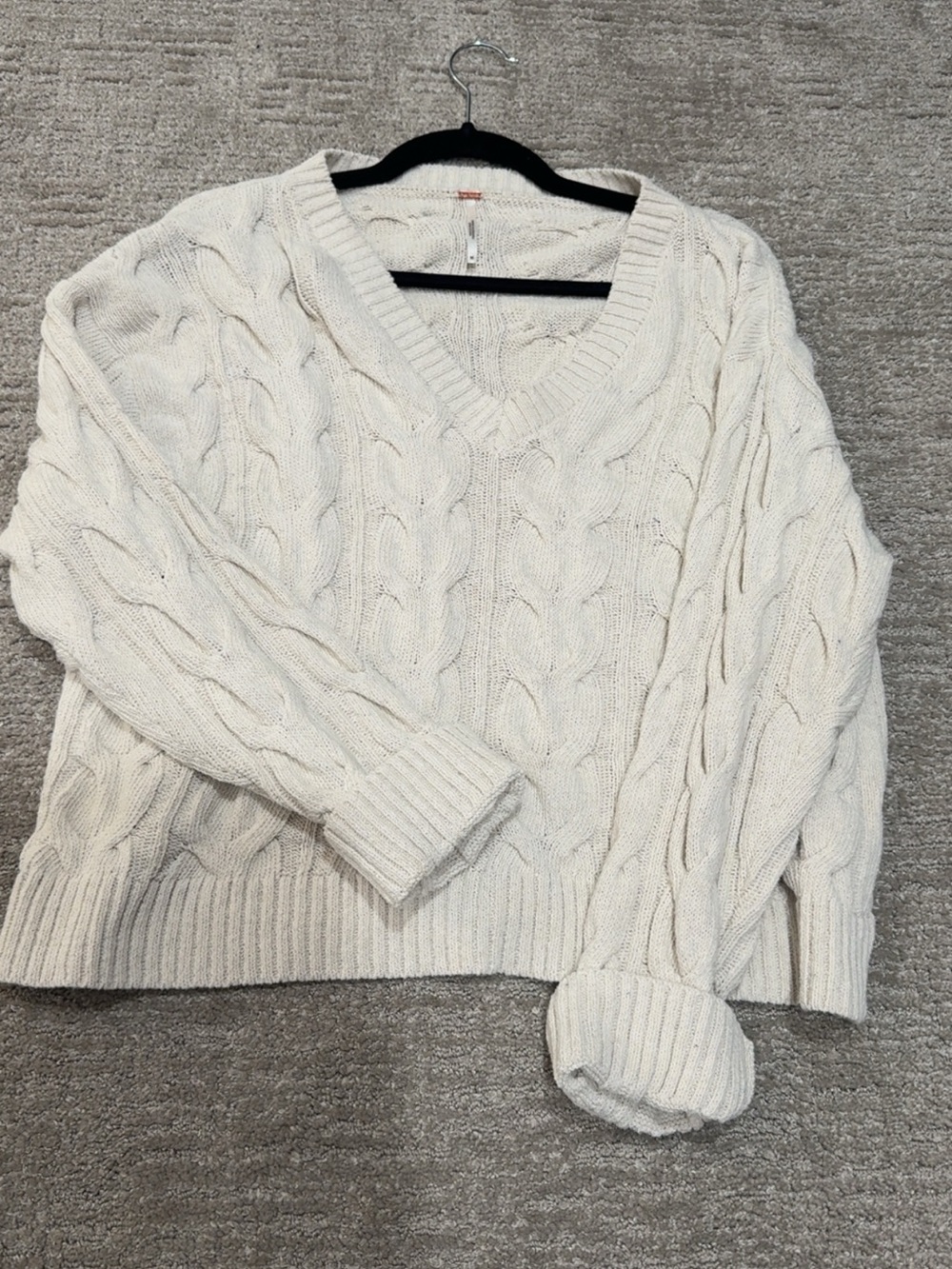 Free People Cream Cable Knit V-Neck Sweater